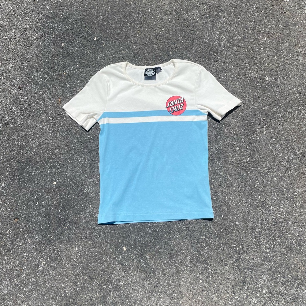 blue and white small santa cruz baby tee